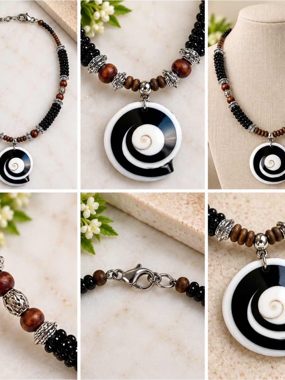 Handcrafted Black & White Spiral Pendant Necklace by